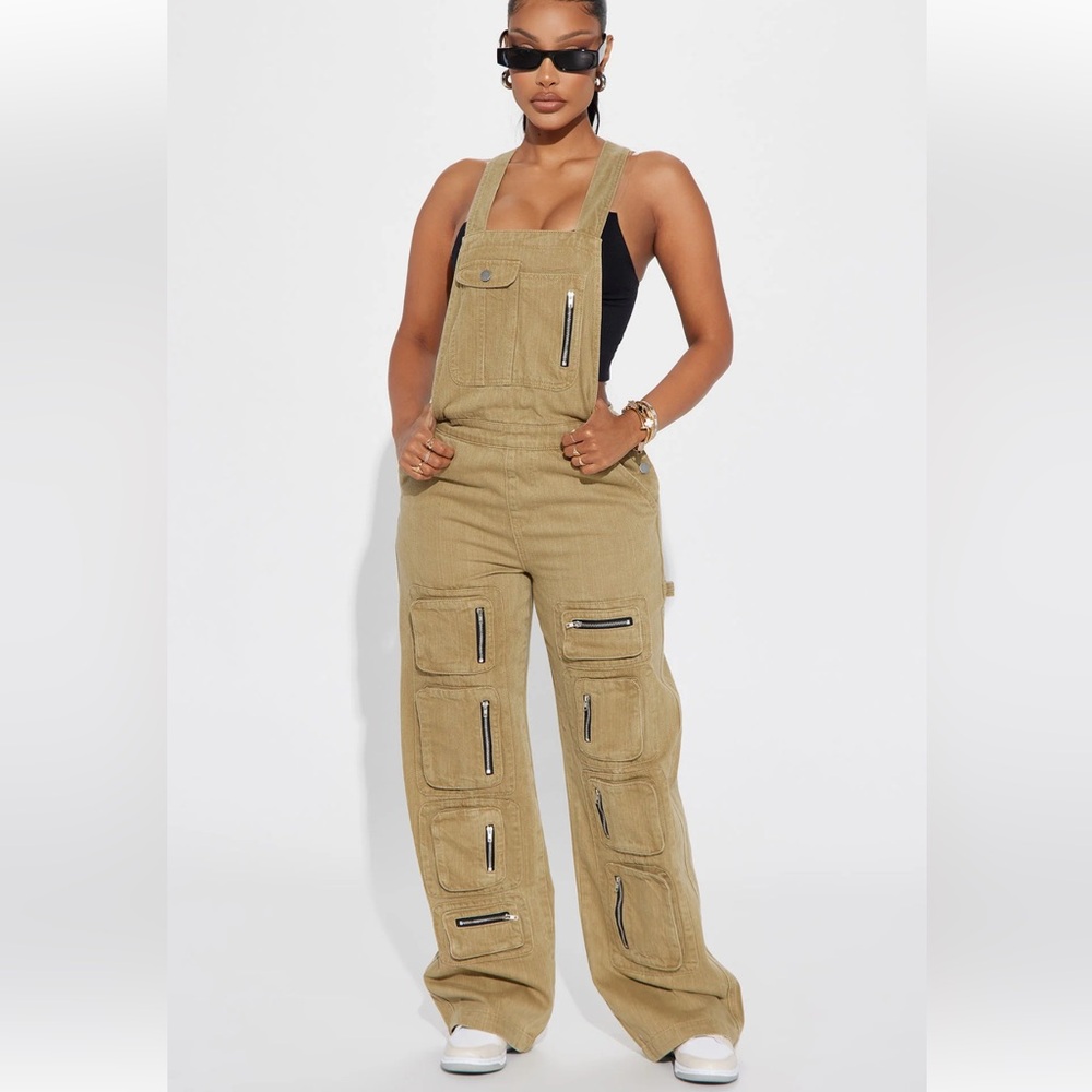 Non Stretch Cargo Denim Overalls - Khaki